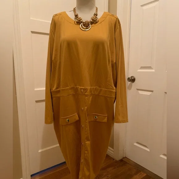 Ashley Stewart | Dresses | Ashley Stewart Nwot Mustard Colored Midi Dress  With Goldtone Buttons Size 3436 | Poshmark